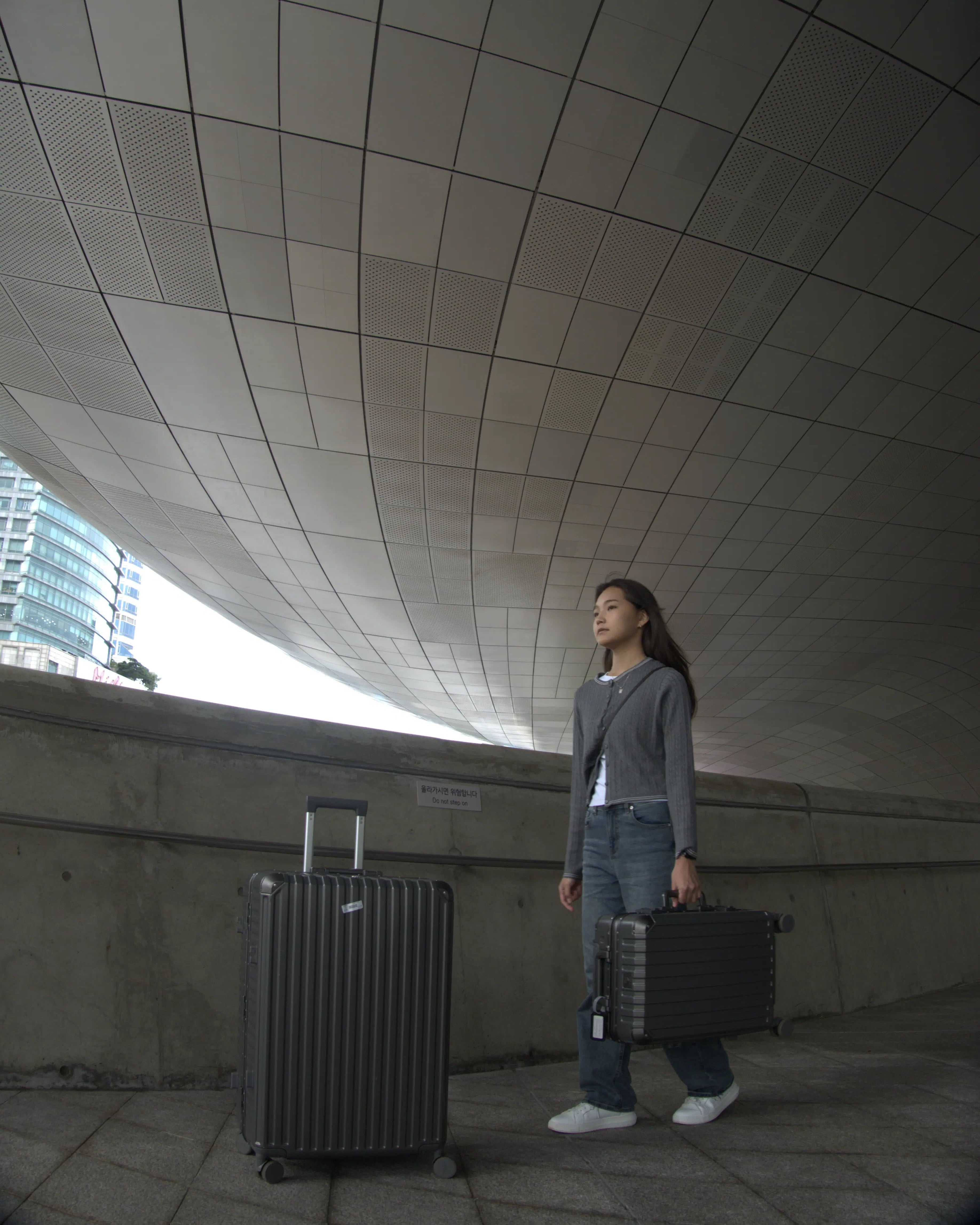 a person carrying a carry on midnight grey luggage beside midnight grey check in L luggage